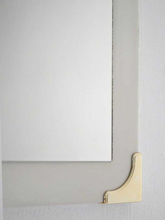 Image 1 of 1940s/50s Scandinavian Wall Mirror with White Frame and Brass Details