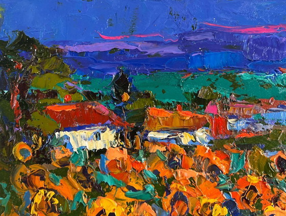 Image 1 of Original Oil Painting Evening Village Landscape Village life in the summer