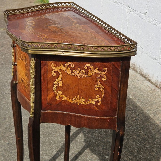 Image 1 of Chateau Ligny - French Antique Marquetry Nightstand - Fine Wood and Brass Console-Bedside Table-Style Louis XV- 1930s