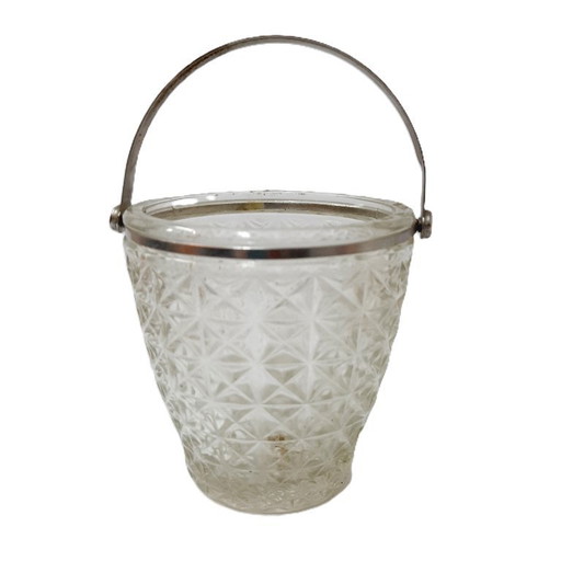 Secchiello per il ghiaccio vintage in vetro trasparente o pressato con manico in metallo