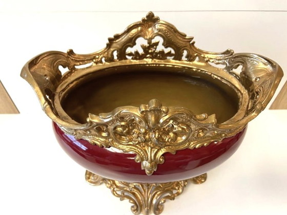 Image 1 of Antieke Napoleon III faience vergulde metalen plantenbak/tafelstuk
