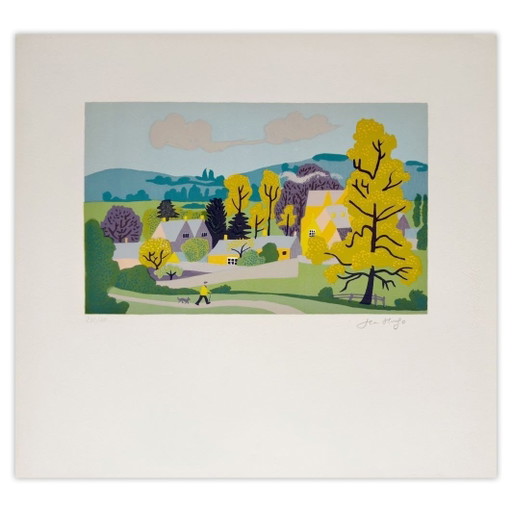 Jean HUGO Le village Litografía firmada 1966
