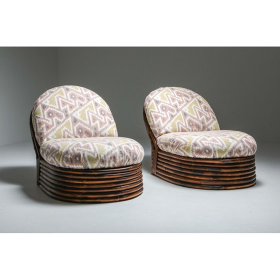 Image 1 of Pair of Vintage Bamboo Lounge Chairs in Pierre Frey Jacquard 1970s