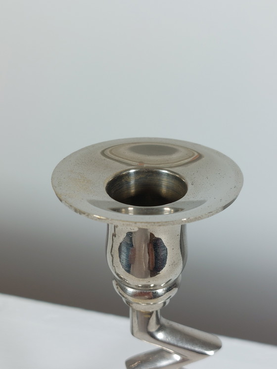 Image 1 of Coppia di candelieri vintage di design, decoro a zigzag, cromati, stile Memphis, anni '80