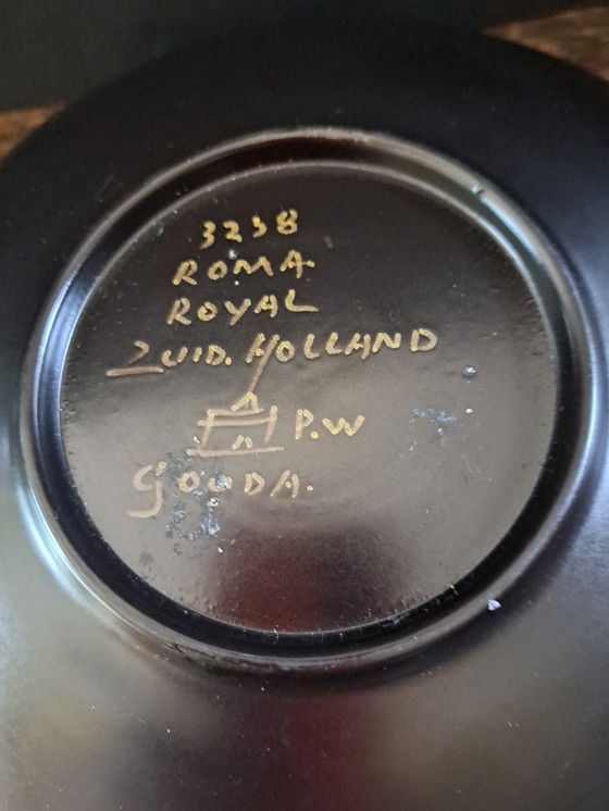 Image 1 of Vintage 1950's Ceramic Bowl with Handles south Dutch Gouda Hand Painted Black with Gold