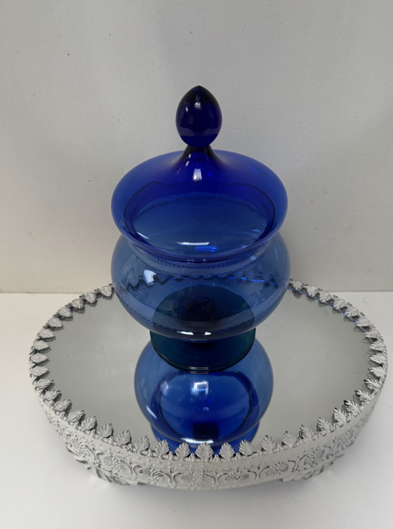 Image 1 of Bonbonnière en verre bleu Empoli vintage | Conception italienne