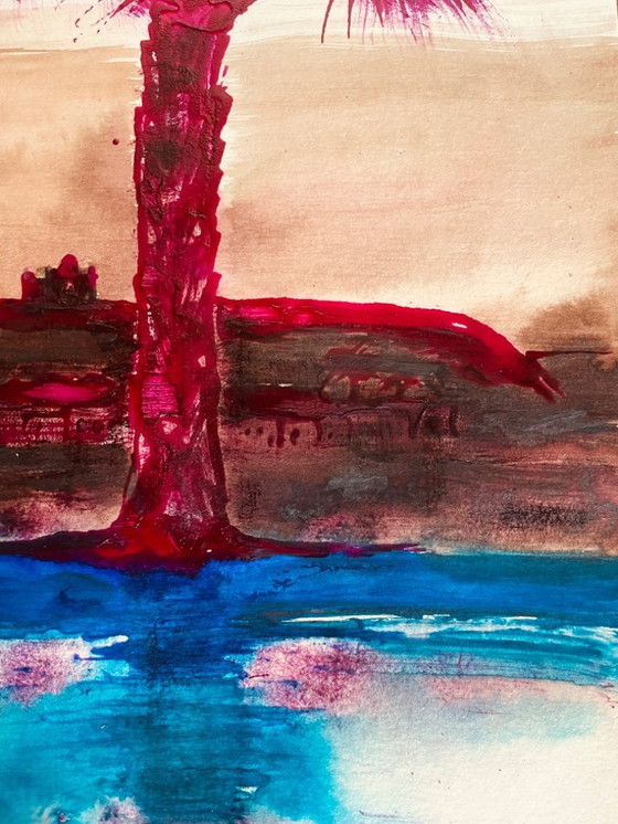 Image 1 of Acuarela firmada de un paisaje egipcio "Crepúsculo en el Nilo"