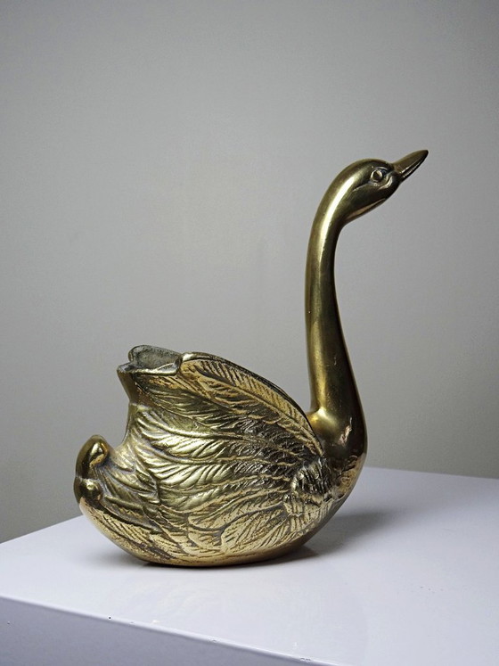 Image 1 of Vintage swan planter/trinket dish in cast gold brass, 1970s-80s