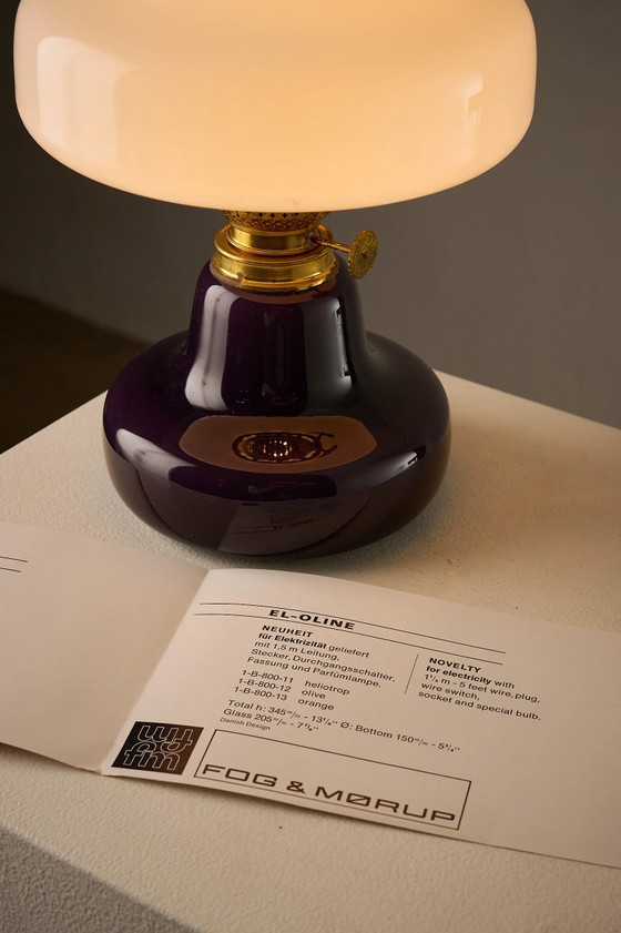Fog & Mørup El-Oline Purple Table Lamp, Denmark, 1960s, Glass, Brass, White (photo 9 of 9)