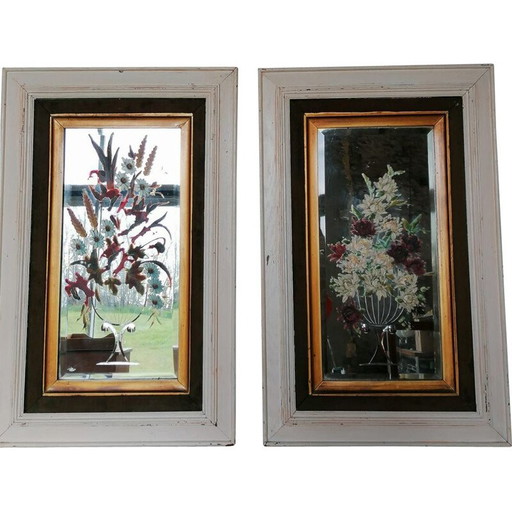 Paire de miroirs vintage gravés et peints à la main en bois blanc