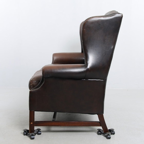 Image 1 of Late 20th Century English-Style Leather Sofa — Pearl Nail Trim & Loose Seat Cushions 