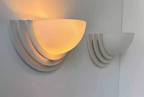 Image 1 of Paar geometrische wandlampen van gips en gezandstraald glas, Frankrijk 1970