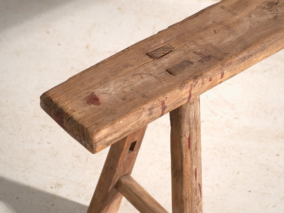 Antique Elm Wood Bench, China, circa 1900, Benches, Red, Rustic (photo 4 of 8)