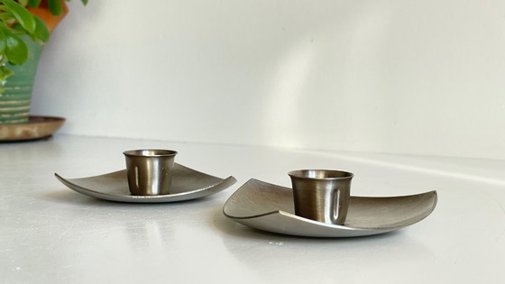 Image 1 of Vintage brushed metal geometric candlesticks