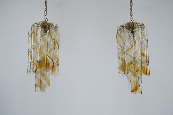 Image 1 of Een paar vintage Torciglione Murano glazen kroonluchters van Mazzega. Italië, jaren 70.