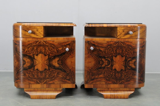 Image 1 of Pair 1930s Czech Art Deco Walnut Nightstands