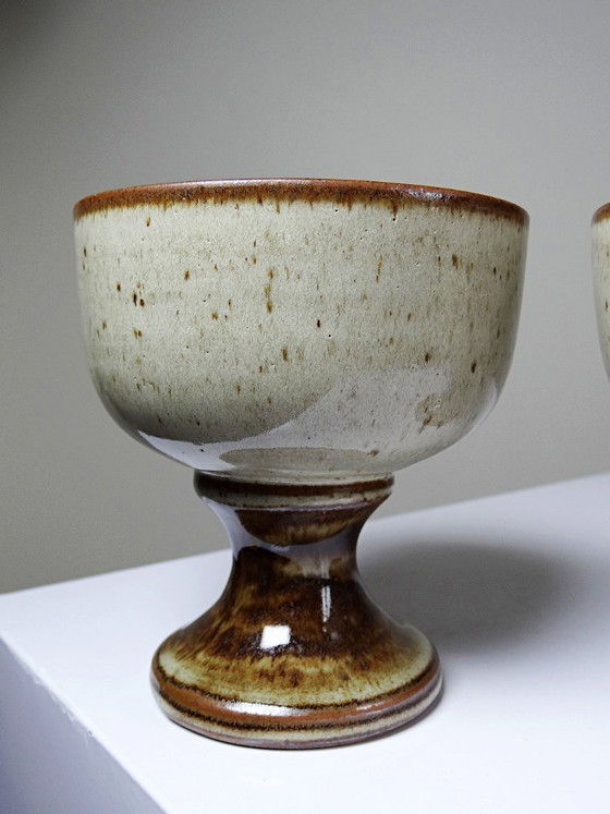 Image 1 of Set of 4 vintage glazed stoneware cider bowls/ice cream cups with stems