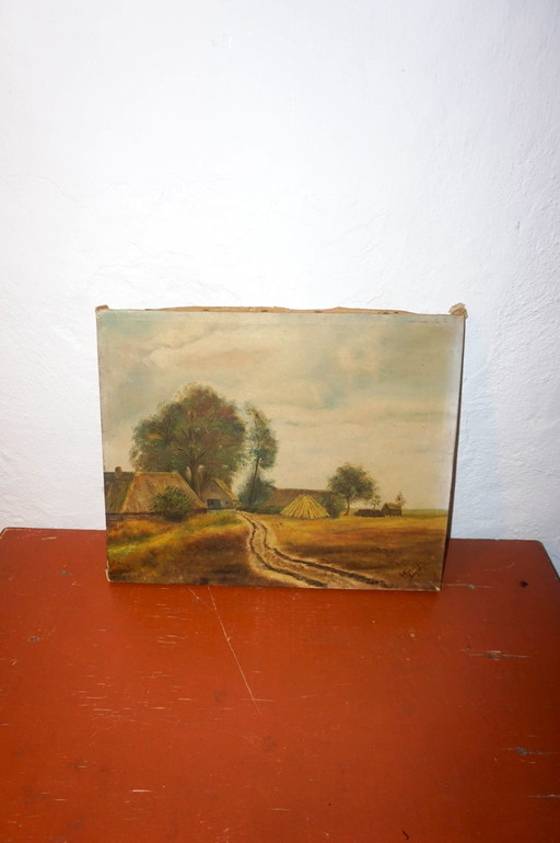 Vintage Dutch Landscape Painting on Canvas * Signed Rural Countryside Scene * Early To MidTh Century (1920S-1950S) European