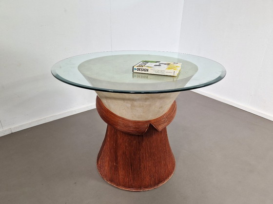 Vintage Dining Table | Stone and Rattan | 1970s – Glass (photo 5 of 10)