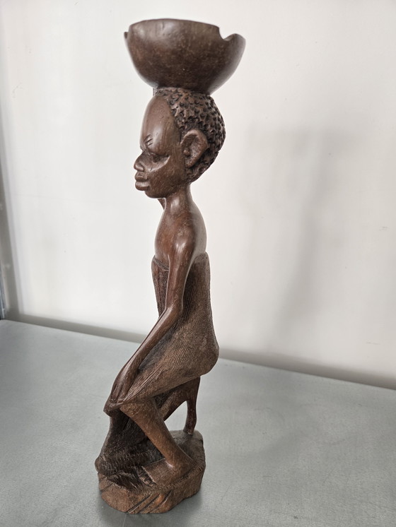 Image 1 of African statue of a woman with a bowl
