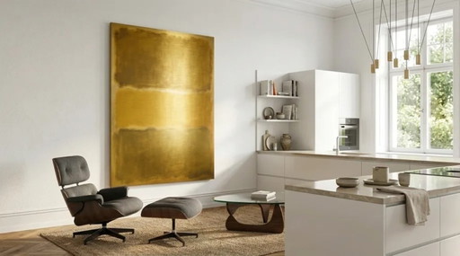 Pintura de Campo de Color XXL Exclusiva | Dibond de Aluminio Dorado con Cepillado Horizontal | 120 × 150 cm