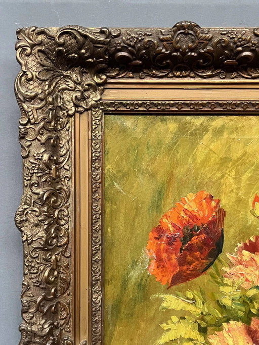 H.J. van Wijngaarden (1906–1986). Nature morte ancienne aux coquelicots dans un magnifique cadre baguette. (photo 2 of 7)