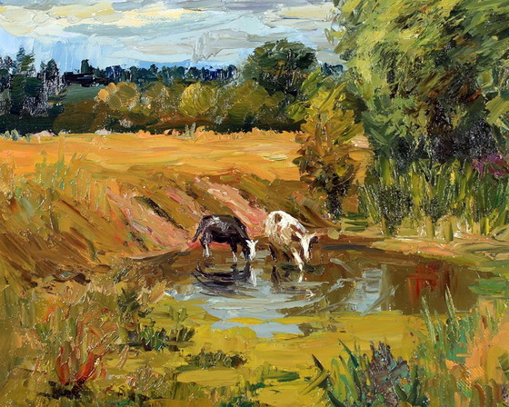Peinture à l'huile originale Paysage naturel Campagne Pâturage Au point d'eau – Peintures et dessins, Canvas (photo 8 of 8)