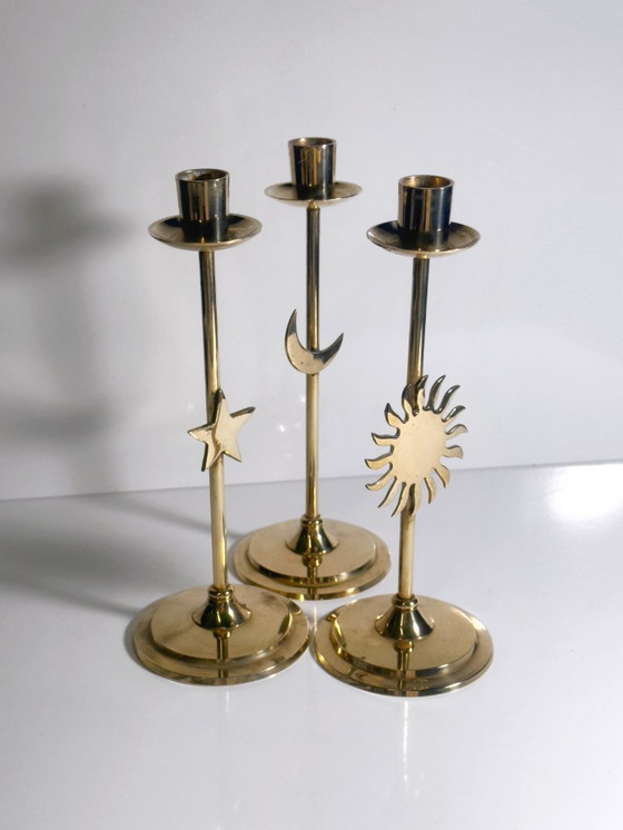 Image 1 of 3 x Brass Candle Holders Sun Moon Star Whimsigoth Candlestick Candlestick Metal Gold 80s 90s