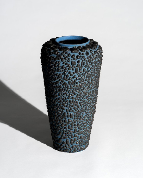 Image 1 of Large Albert Kiessling Textural Lava Relief Studio Ceramic Vase Blue and Black