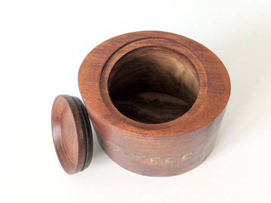 Image 1 of Midcentury Teak Coffee Canister with Brass Inlay Letters, Danish Modern Wooden Storage Jar