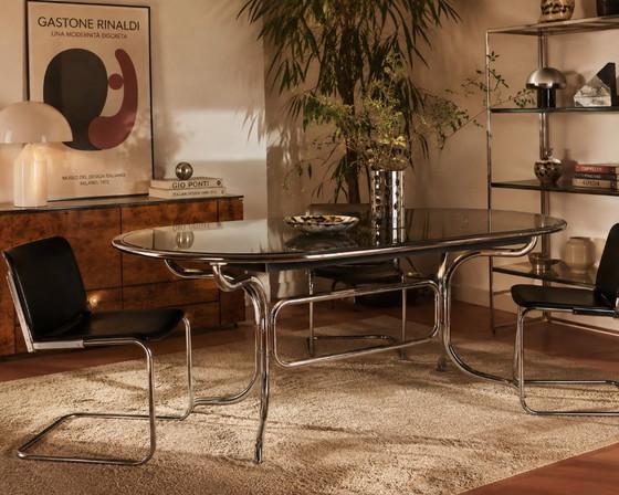Image 1 of Gastone Rinaldi chrome & smoked glass dining table, Italy 70's