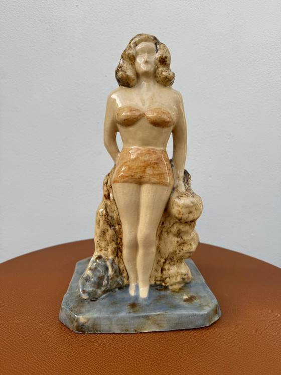 Art Deco keramische badster beeld (1930/40), Beeldhouwkunst, Keramiek, Beige (foto 15 van 15)