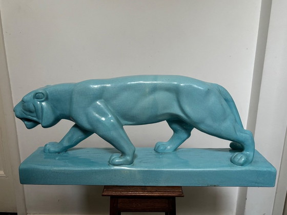 Image 1 of Gran puma de cerámica, intacto, turquesa, original Art Déco 1920-1939 L&V Ceram
