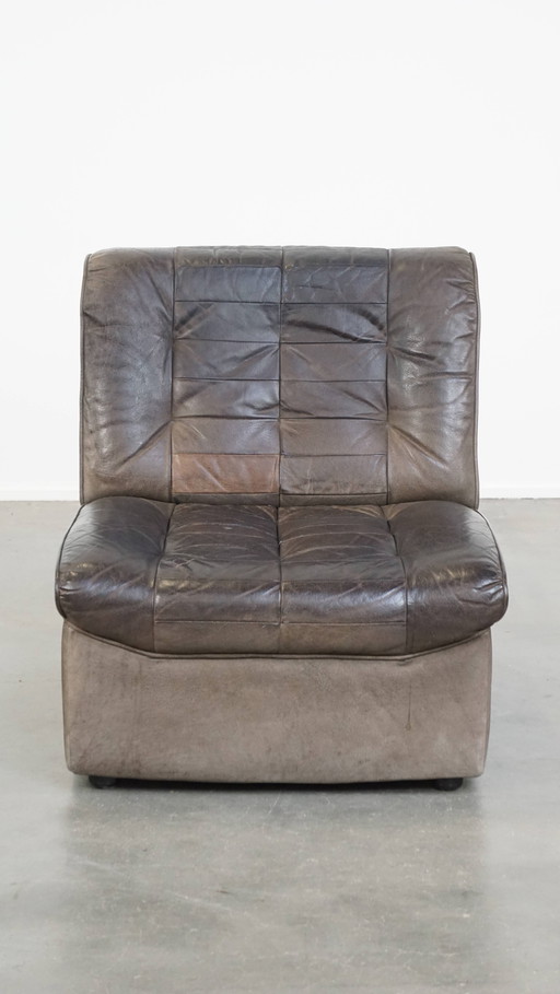 Gray Vintage Leather Design Armchair + Hocker