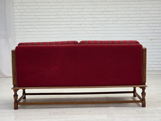 Image 1 of 1950s, Danish 2 seater drop arm sofa, original striped red furniture wool, oak wood.