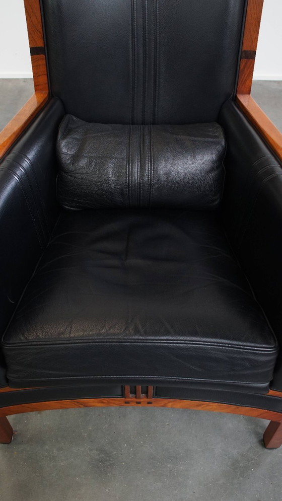 Image 1 of Black cowhide leather and wood Art Deco design armchair by Schuitema from the decoforma series