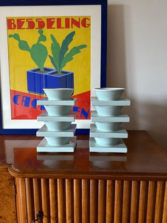 Image 1 of Set van 9 lichtblauwe keramische kommen, I + I Italië, jaren 70.