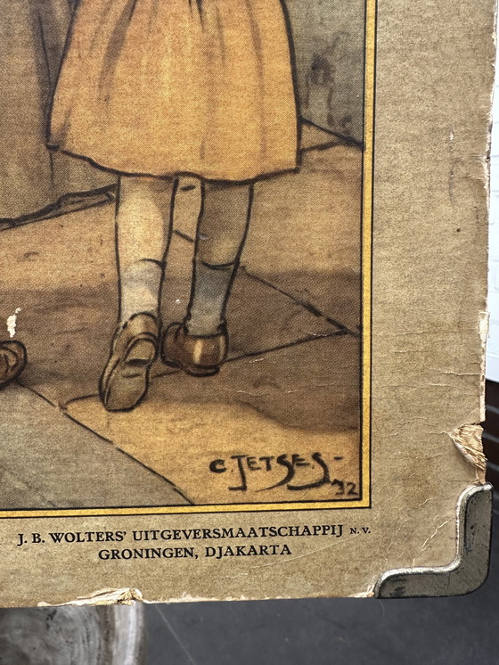Image 1 of Large school plate Cornelis Jetses (1932) - J.B. Wolters Groningen-Djakarta - 73×103 cm - with wooden cane