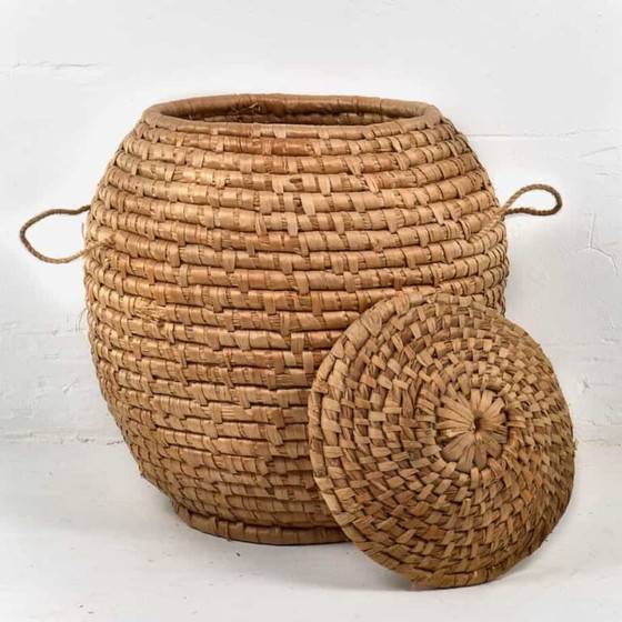 Rotan mand met antieke deksel (ca. 1930) – Decoratieve objecten, Wicker (photo 7 of 15)
