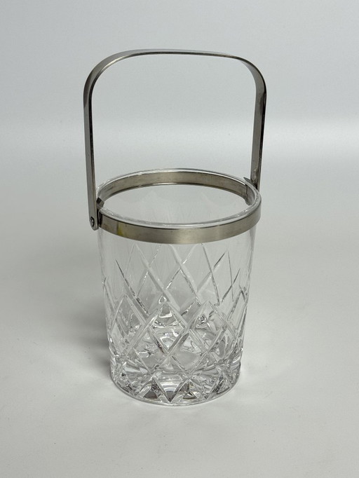 Mid-Century Design Hand-Cut Lead Crystal Ice Bucket with Stainless Steel Handle by C.A.L.P. Europe, 1980s