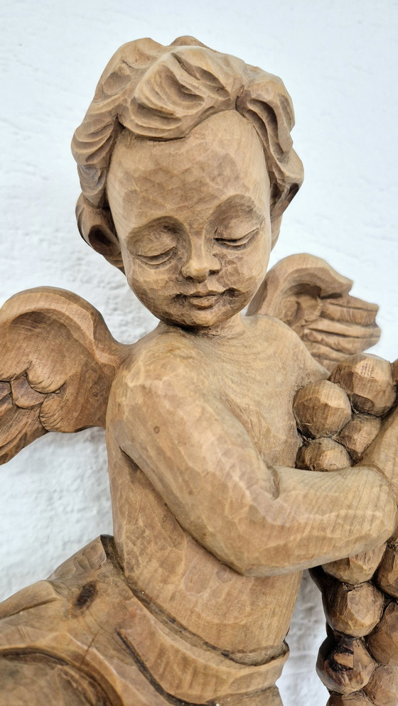 Image 1 of Antique large angel cherub, solid oak wood, 35 cm