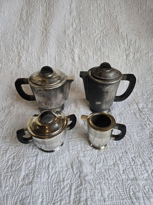 Juego de té y café Art Déco de metal plateado y baquelita, década de 1930. – tafelaccessoires, Plastic, Silver (photo 2 of 5)