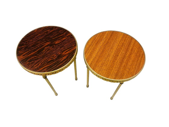 Image 1 of Vintage messing bijzettafeltjes plantentafeltjes met hout jaren 60