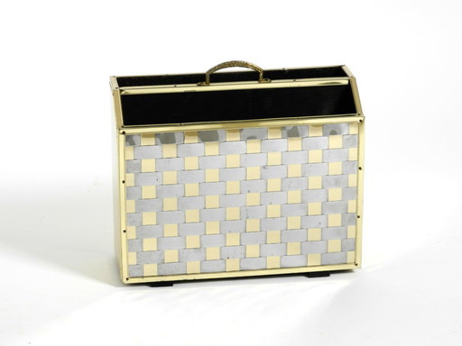 Extraordinary 1980s newspaper rack made of brass and wood in Hollywood Regency design