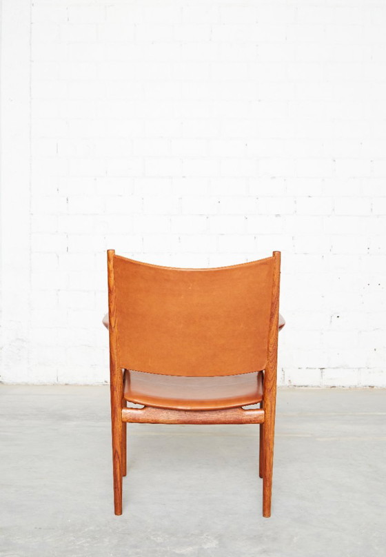 Paar Hans Wegner JH-513 Fauteuils voor Johannes Hansen, Hout, Leer, Bruin, Mid Century Modern (foto 3 van 15)