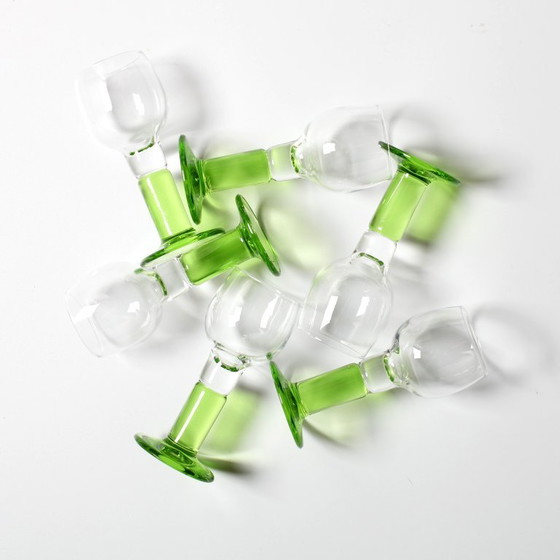 Image 1 of Set of 6 Vintage Limoncino Liqueur Glasses / Green Stem Shot Glasses Bormioli / Italy / 1970s