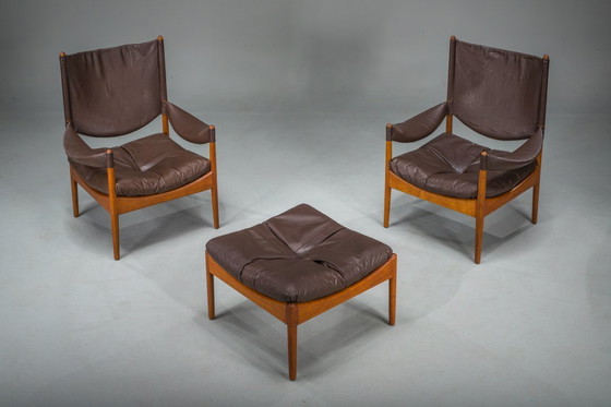 Image 1 of  Mid-Century Modern Danish Oak and Leather Lounge Chairs with Ottoman by Kristian Vedel for Søren Wiladsen, 1960s, Set of 3