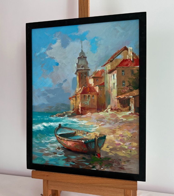 Image 1 of Original Oil Painting Summer City Landscape A quiet pier near the city