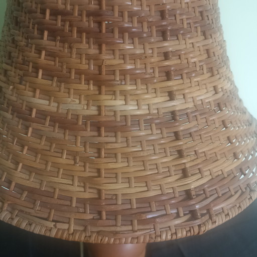 Vintage-Tischleuchte im Mid-Century-Stil – Massives Buchenholz & Rattan – 60 cm