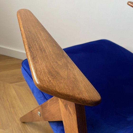 Image 1 of Mid Century Modern Blue Velvet Armchair Restored, Vintage Chierowski Lounge Chair, Polish Wooden Frame Accent Chair